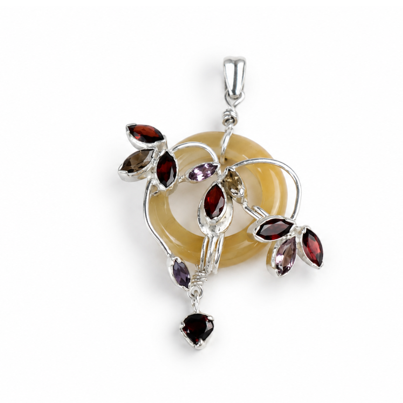 Honey yellow Natural Rutilated Quartz ring dougnut 925 Sterling Pendant 65 mm