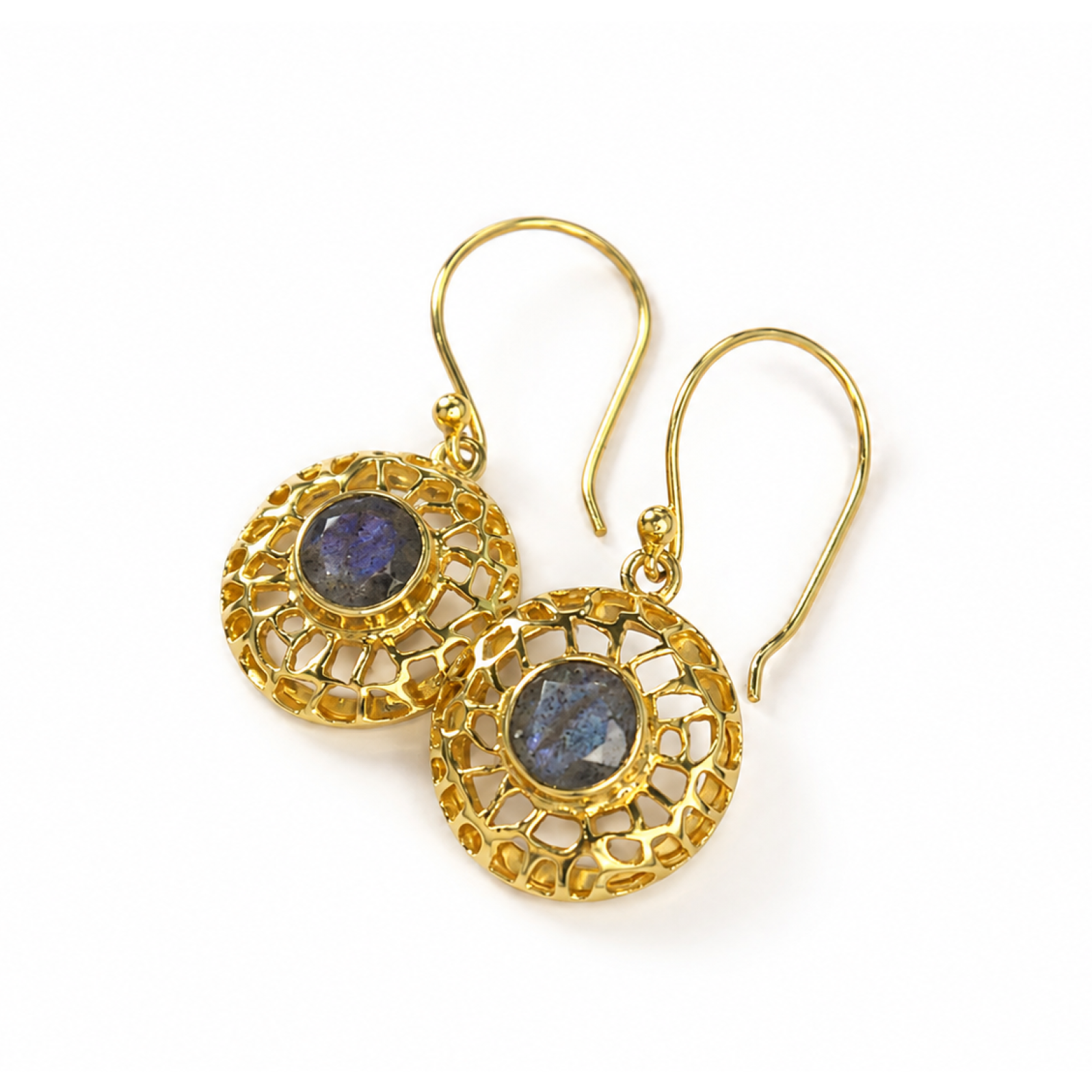 Clear purple labradorite round 18k Gold Plated On Sterling Silver Earrings 37 mm