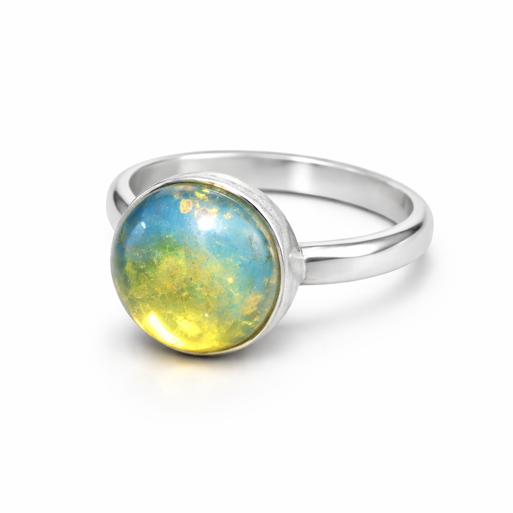 Lovely Natural Clear Yellow Blue Amber .925 Sterling Silver Ring #6