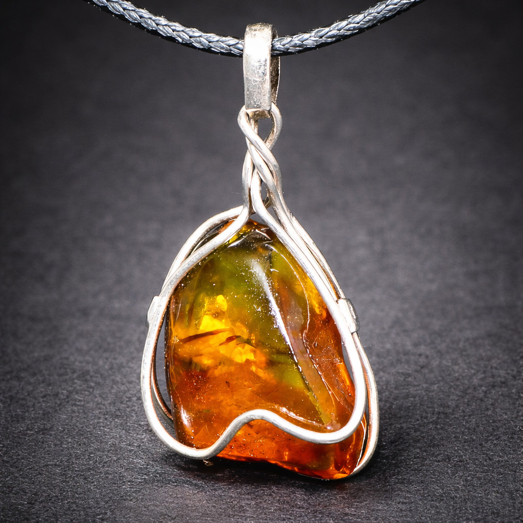 Handcrafted  Natural Clear Green Orange Amber .925 Sterling Silver Pendant 45mm